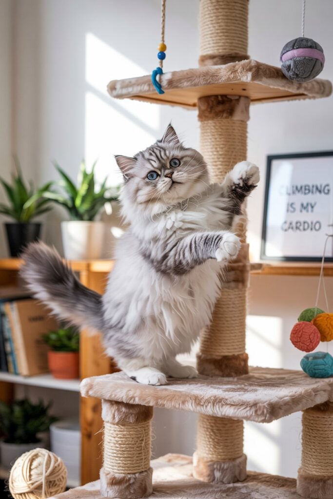 Curious climbing cat perched on a tall cat tree, showcasing adventurous cat personality and vertical exploration