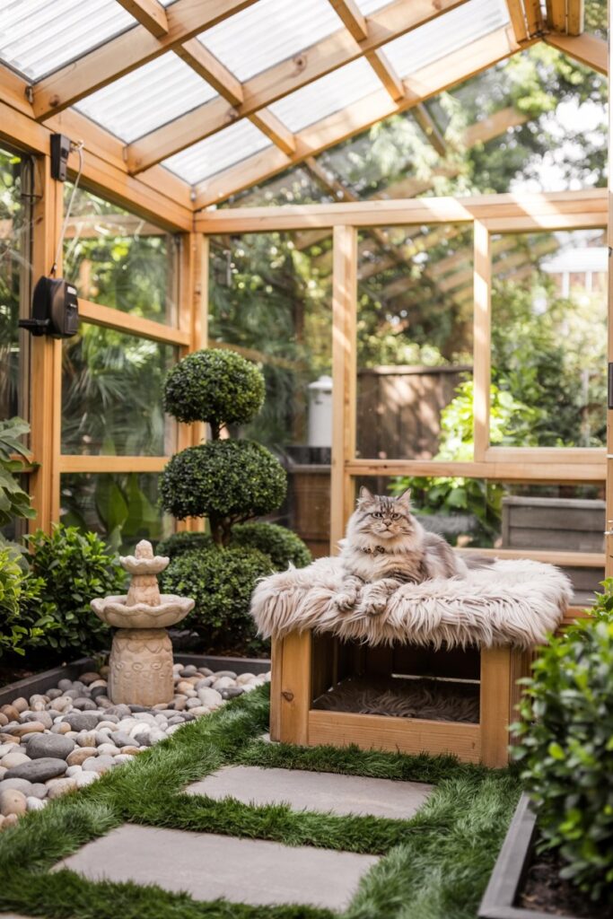 DIY backyard cat patio design featuring transparent mesh panels, vertical platforms, and garden‑style landscaping