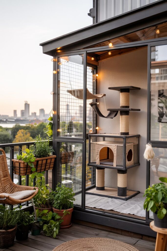 DIY city cat enclosure with hammock and turf flooring
