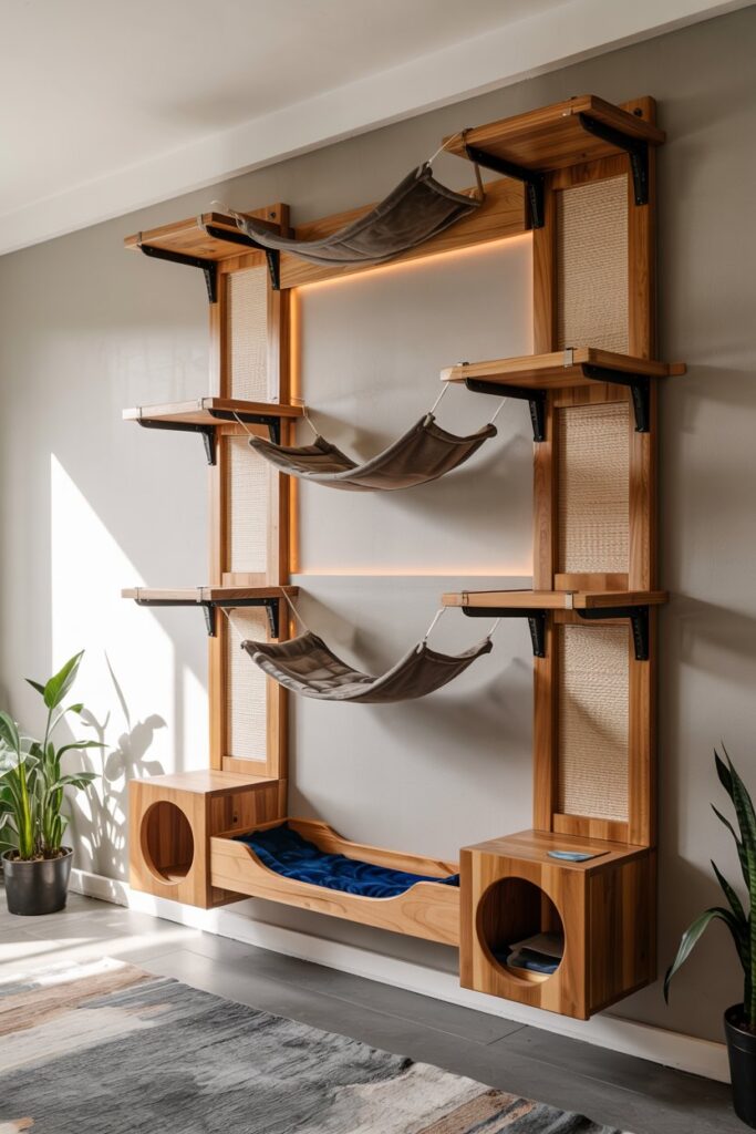 Designer cat wall structure featuring floating oak shelves, soft fleece-lined cubbies, and a high-end modern aesthetic.