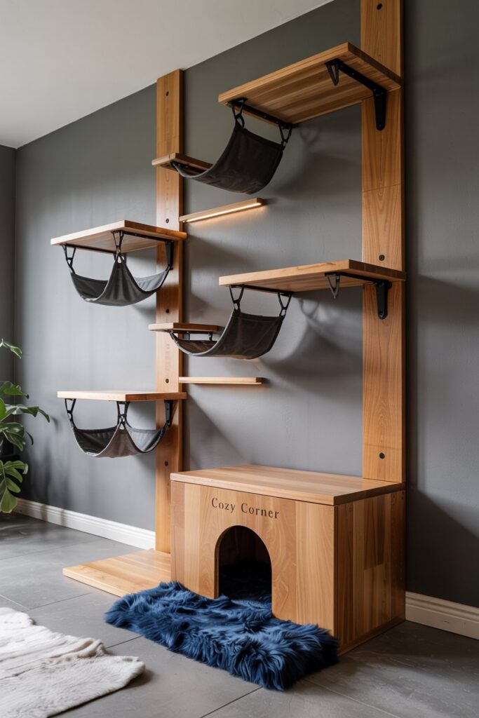 Designer-inspired cat wall with fleece bedding and sculptural shelves — from a 10+ decor ideas