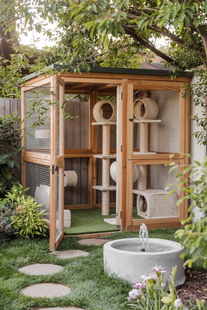 Eco-friendly cat enclosure with leafy plants and wood accents