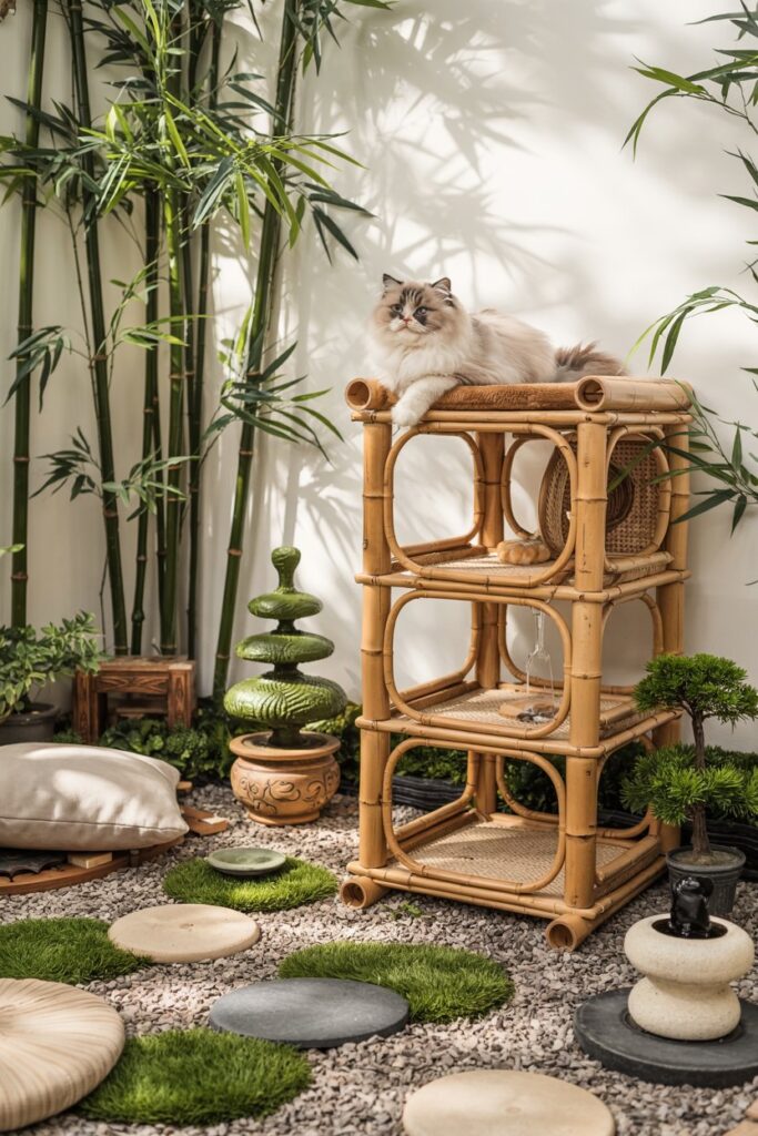 Eco-friendly catio setup with raked gravel and wood