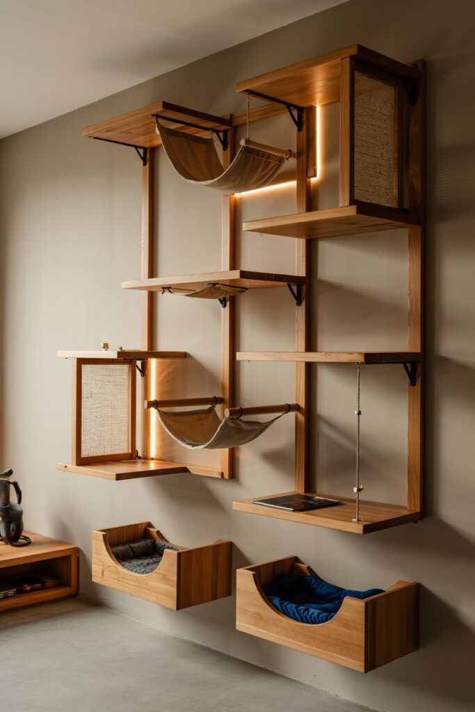 Floating cat platforms and hammocks on a gray wall — one of 10+ stylish cat furniture setups