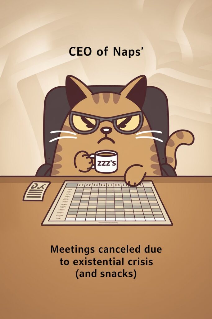 Funny cat wall art showing a cat as the CEO of naps with a spreadsheet filled with Zzz’s, ideal for adding personality to your home office or cat-themed space.