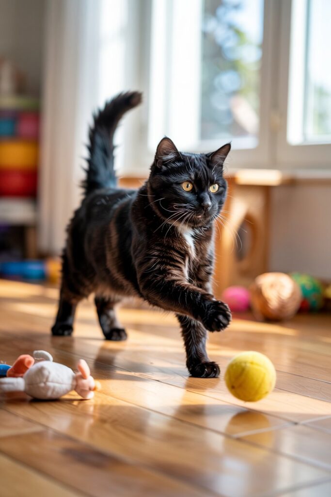Hyperactive cat chasing a ball indoors, demonstrating a high-energy cat with a need for frequent mental stimulation
