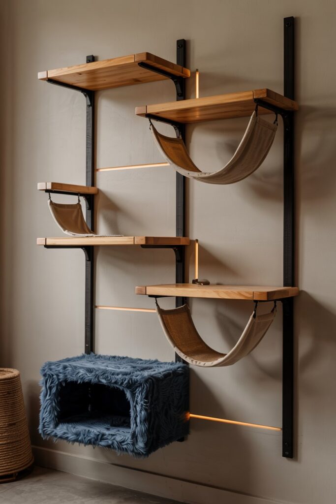 Innovative cat furniture ideas with wall-mounted oak shelves, natural sisal scratching zones, and custom cubbies for lounging.