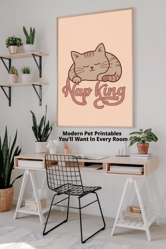 Light-filled home office with framed printable cat art above a modern desk, featuring a “Nap King” design in pastel tones.
