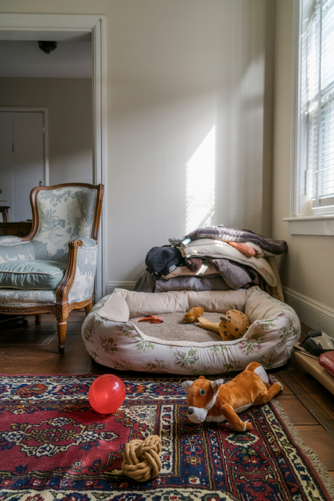 Messy living room with pet items everywhere – dog toys, cat beds, and feeding bowls creating chaos in an otherwise stylish home.