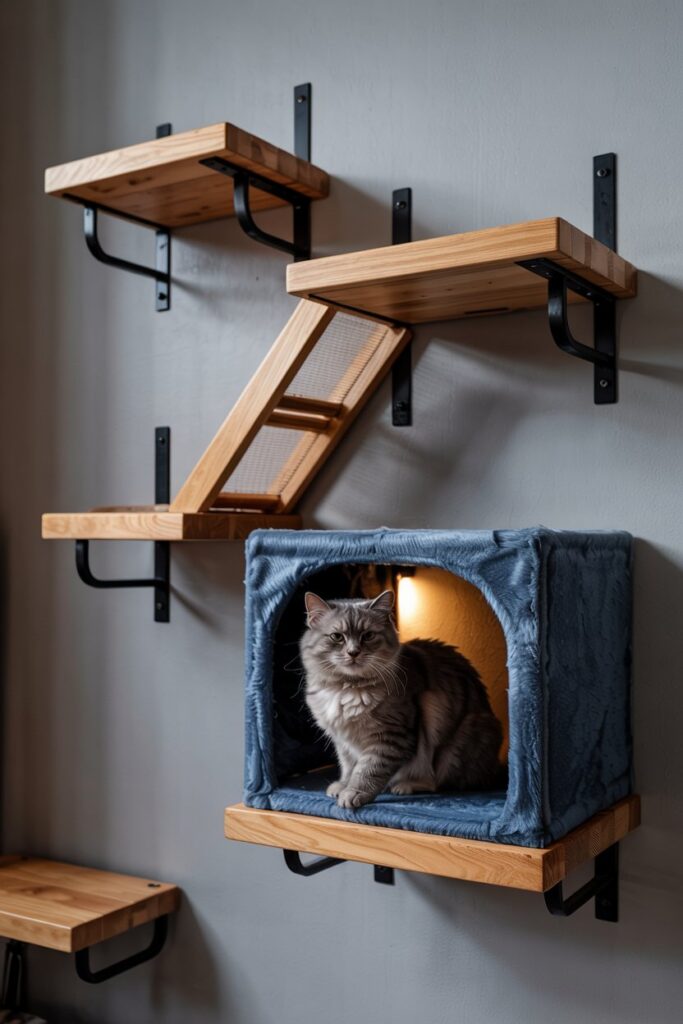 Minimalist cat decor with LED-lit cubbies and soft textures — featured in a 10+ cat wall ideas guide.