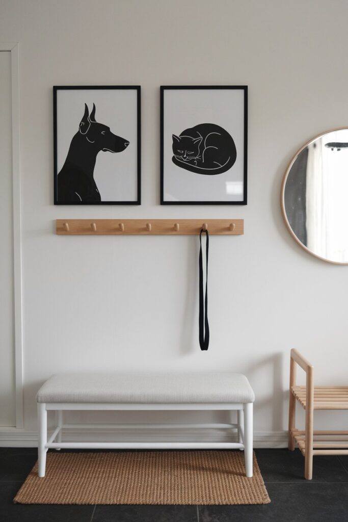 Minimalist pet wall art displayed in a clean Scandinavian-style entryway with black and white dog and cat silhouettes.