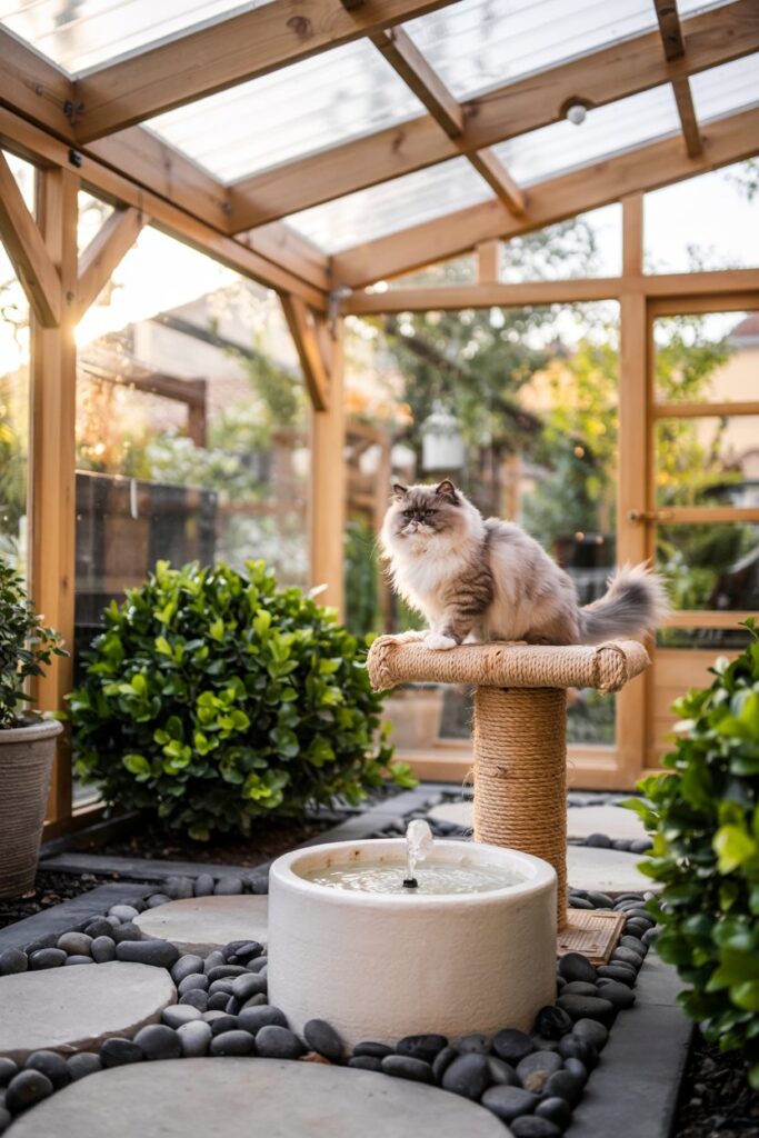 Modern Scandinavian Zen‑inspired catio with pergola roof, artificial turf, climbing towers, and water feature