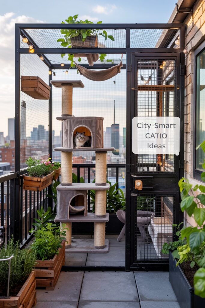 Modern catio for apartments with cozy cat furniture