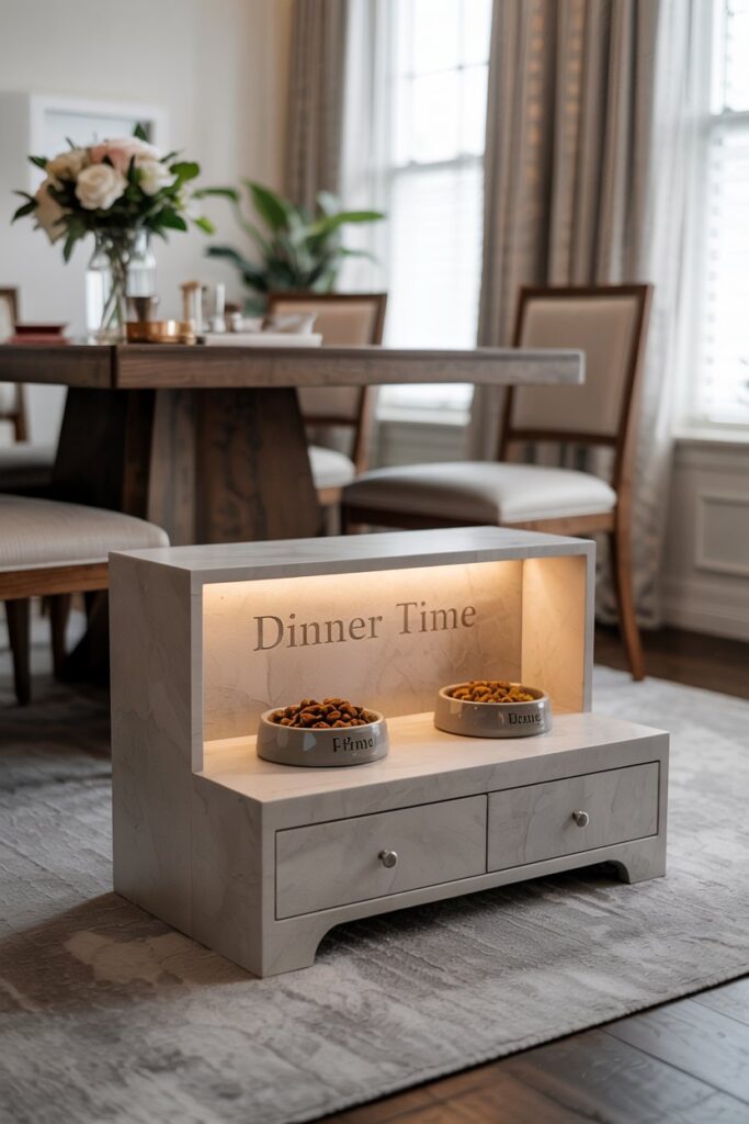 Modern dining room featuring a pet-friendly feeding area, blending functionality and design in a clutter-free space.