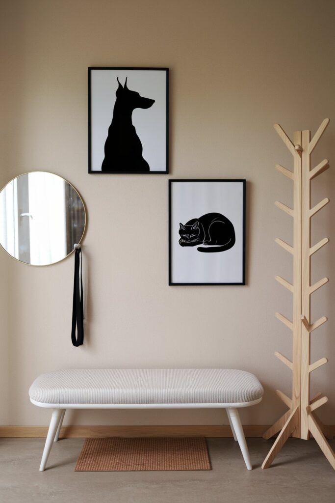 Modern entryway featuring sleek black and white framed pet prints, perfect for a stylish dog or cat owner’s home.