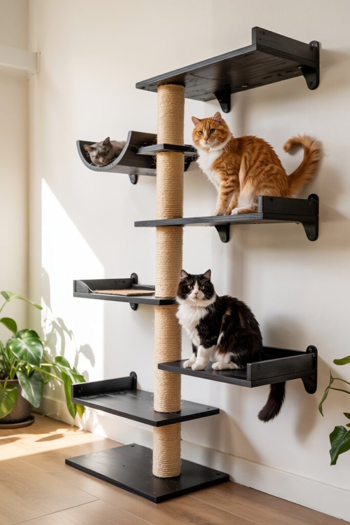 Modern oak cat wall furniture with matte black brackets and neutral hammocks from the Elevate Wall Series.