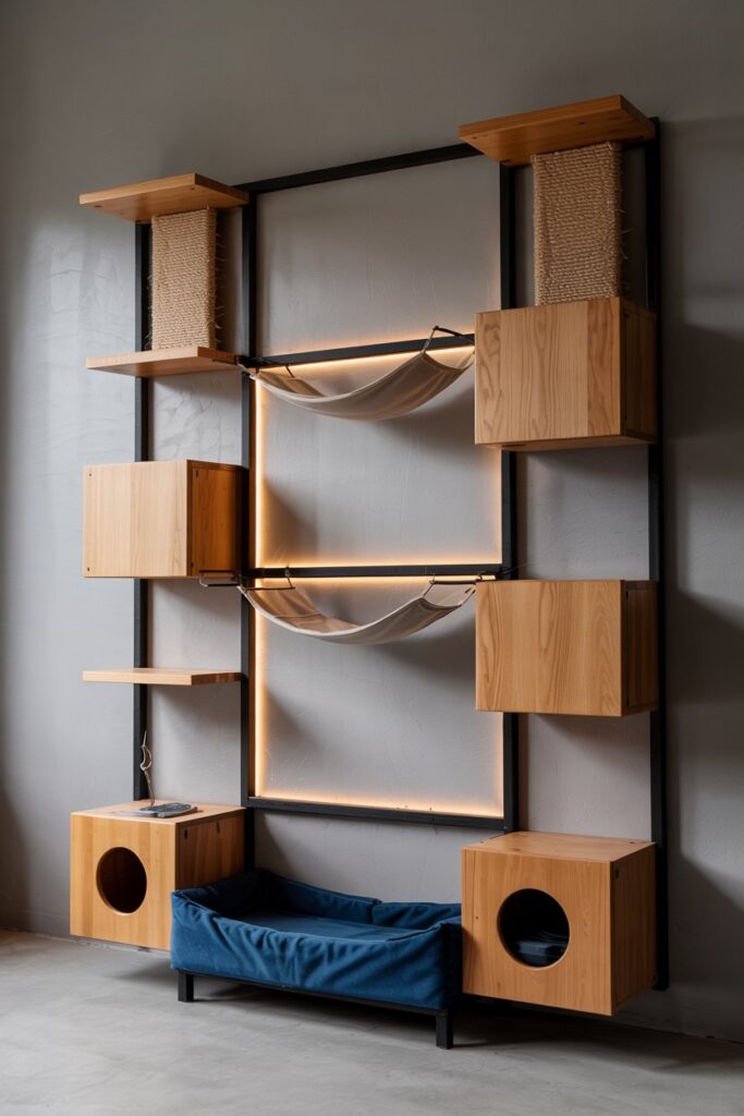 Modern pet furniture with a wall-mounted cat climbing system, clean lines, sisal-wrapped platforms, and a minimalist design.