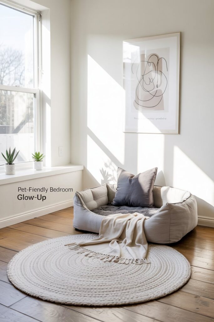 Organized pet-friendly bedroom featuring sleek furniture, neutral colors, and a clutter-free environment for a cozy retreat.