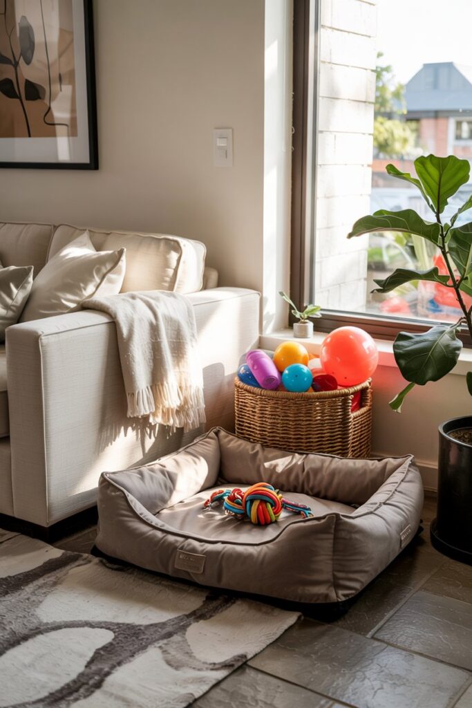 Pet-friendly home makeover – tidy living room with a pet bed and storage, creating a functional and stylish living space.