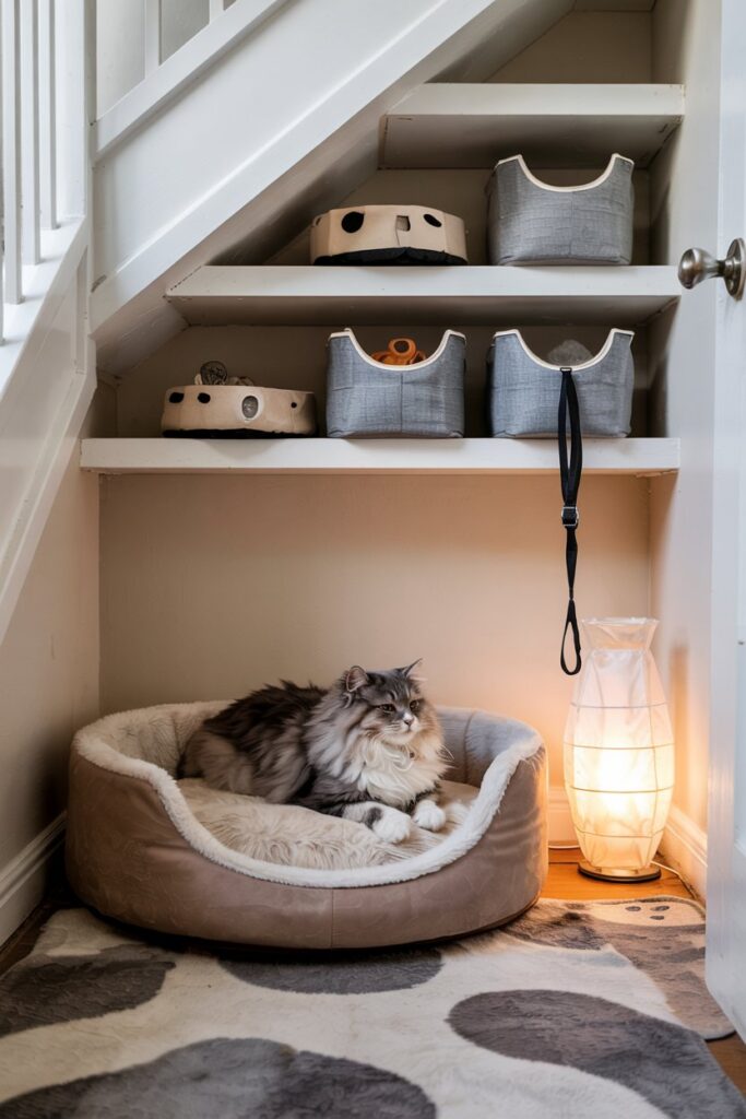 Pet-friendly staircase design – a neat, functional pet nook under the stairs with storage and a cozy pet area.