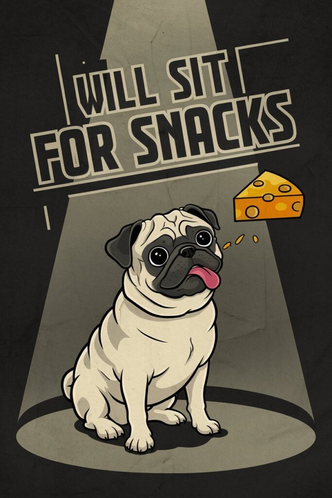 Retro 90s-style motivational poster with a cross-eyed pug drooling over cheese and the quote “Will Sit for Snacks,” perfect for kitchen walls or dog rooms.