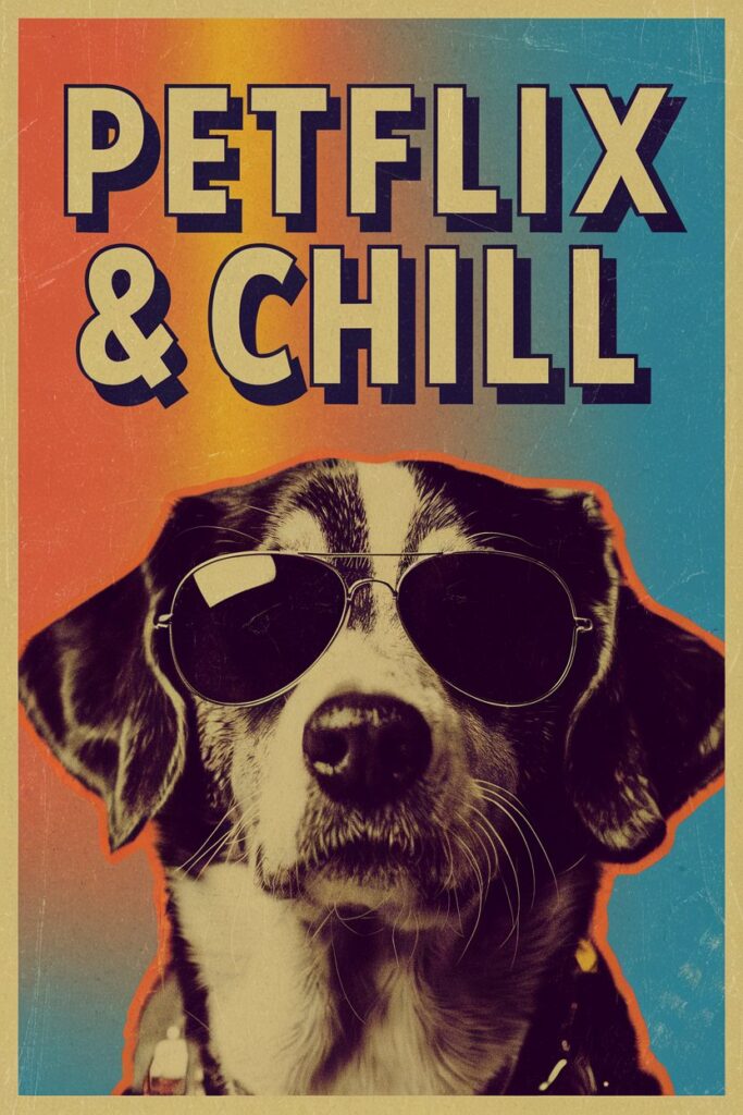 Retro pop art pet poster with a dramatic dog, halftone patterns, and bold typography, channeling a vintage movie poster style
