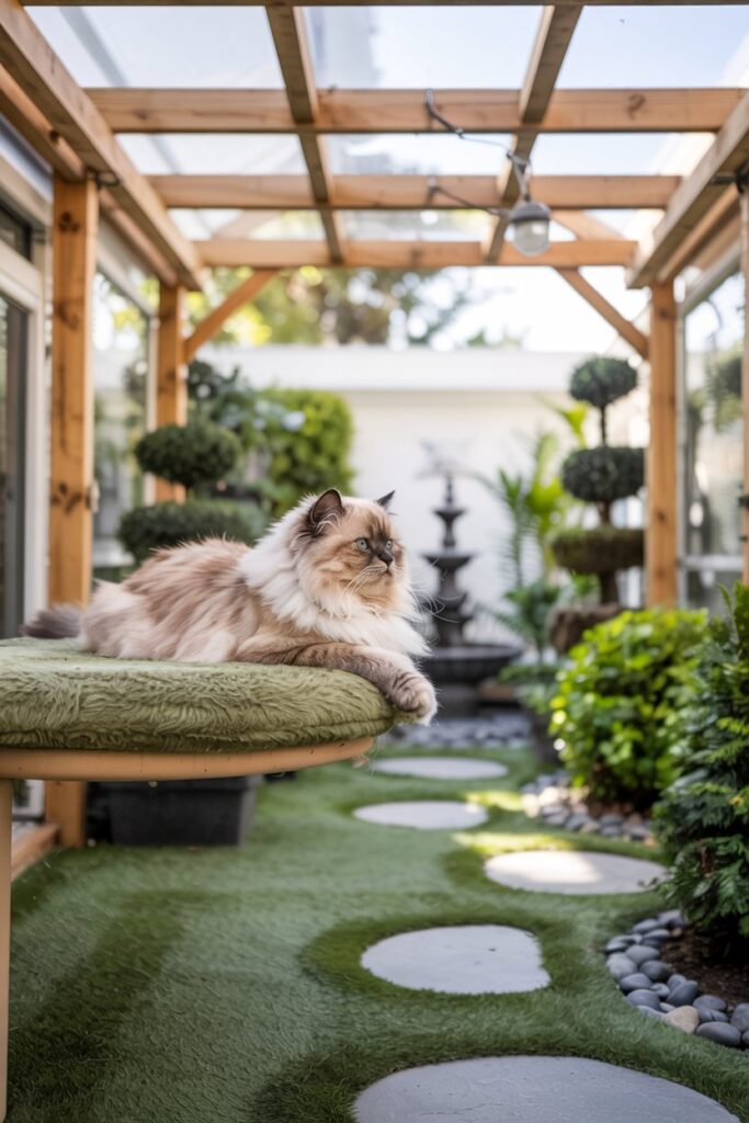 Serene enclosed cat garden (catio) with stone fountain, stepping stones, and low‑maintenance artificial grass