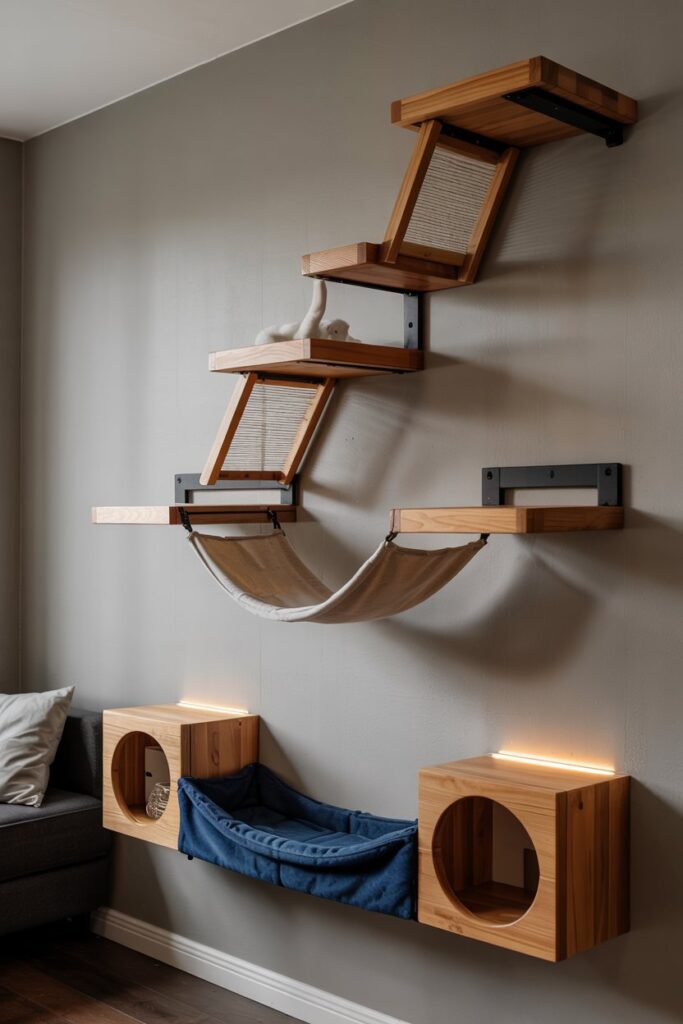 Sleek cat climbing wall with minimalist design, neutral-toned hammocks, and LED backlighting for stylish pet furniture ideas.