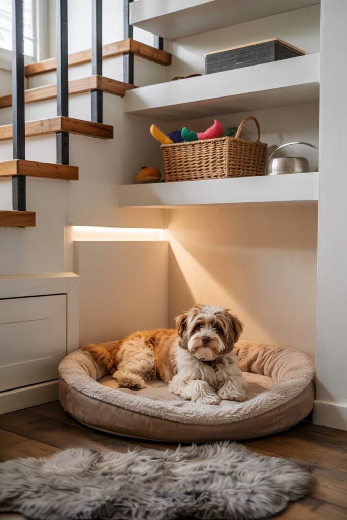 Sleek staircase makeover with a tidy under-stair pet corner, complete with storage shelves and a comfortable pet bed