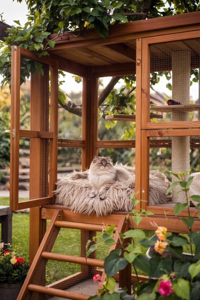 Spacious and secure deck catio with cozy perches, ramps, and shaded areas, offering a comfortable outdoor retreat for cats.