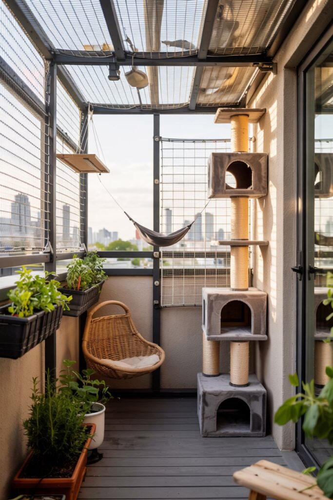 Urban DIY catio idea with mesh screen and cozy bed