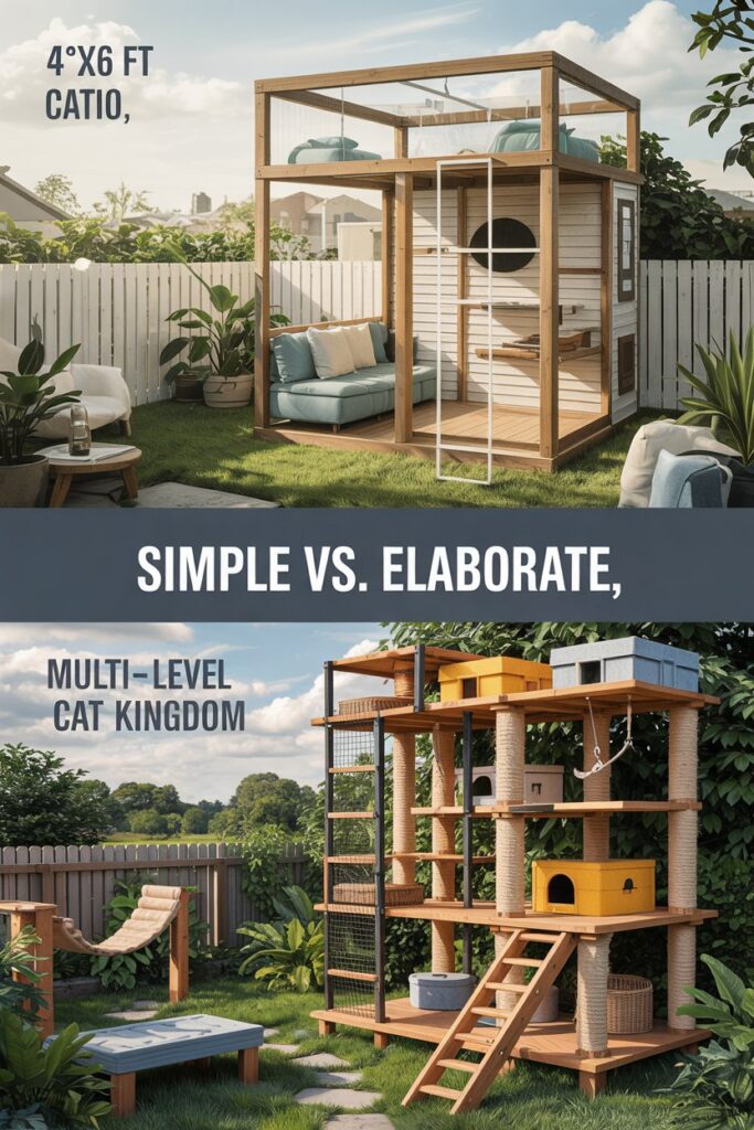 Vertical catio design graphic from cozy perch setup to multi-level adventure land, showing how to choose size and create activity zones.
