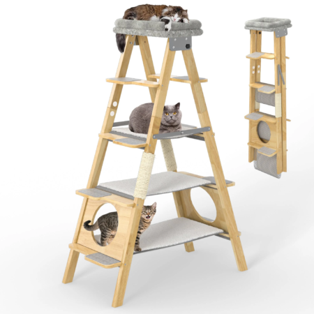 Modern Solid Wood Cat Tree Foldable Ladder Design with Cat Hammock & Sisal Scratch Post Easy Clean 60"H