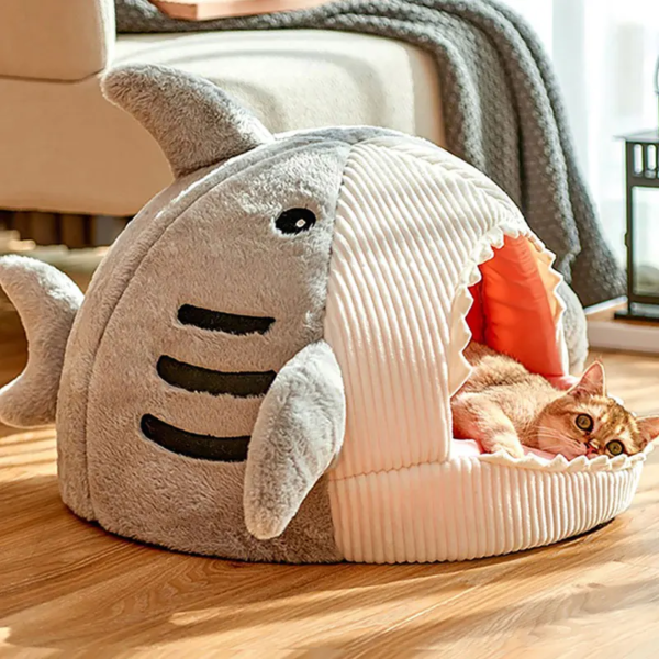 Premium Cartoon Shark Pet Cave Bed - Cozy Nest for Kittens and Puppies