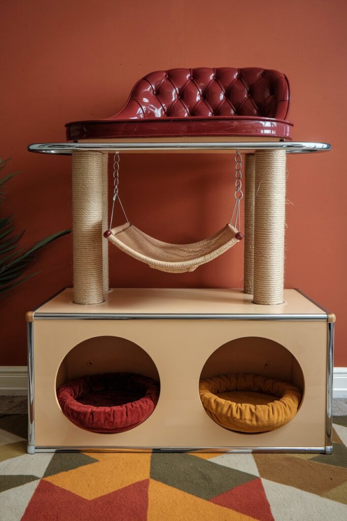 1950s glossy magazine spread aesthetic formica cat perch, sisal posts, and rust-orange boucle throw cushion.