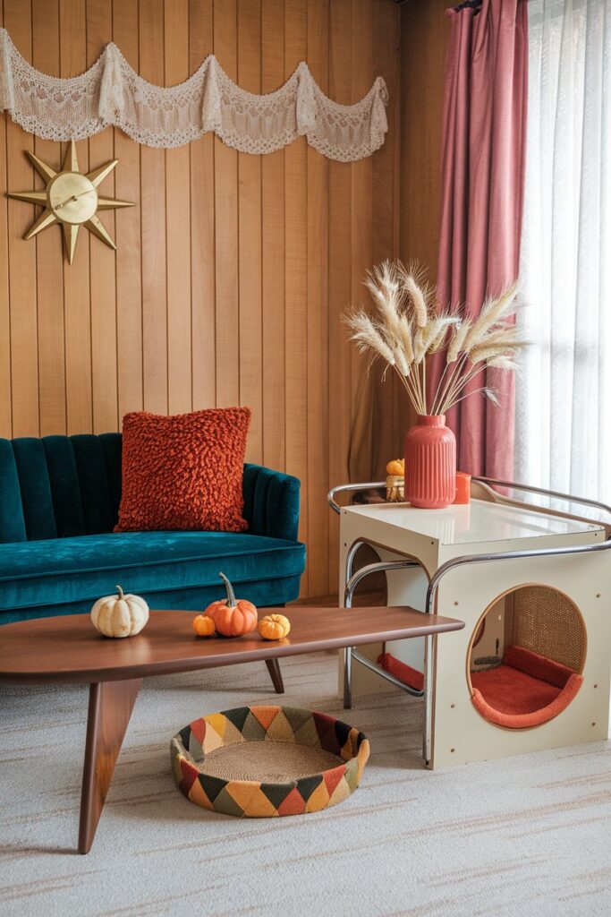 1950s-inspired cat activity center with velvet cubby beds, framed by lace-trimmed drapes and golden sunlight