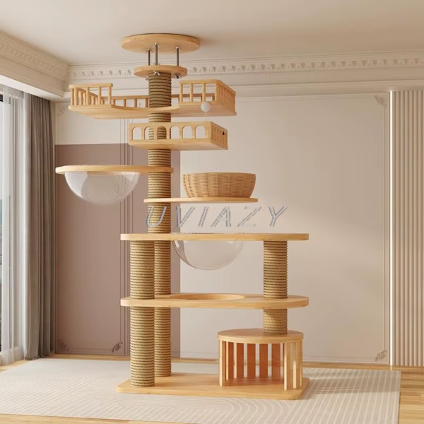 Multi-Level Floor-To-Ceiling Cat Tree Wood Climbing Frame - Height 250-270 Cm - Image 11