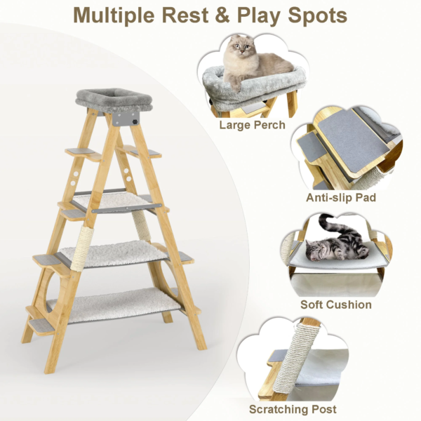 Modern Solid Wood Cat Tree Foldable Ladder Design with Cat Hammock & Sisal Scratch Post Easy Clean 60"H - Image 4