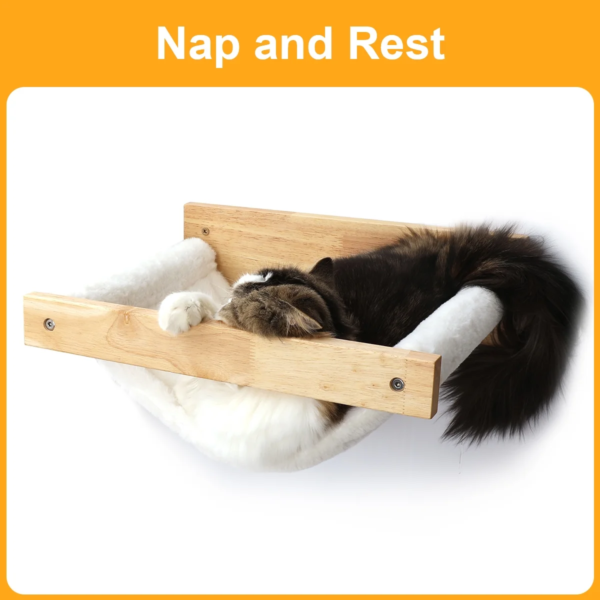 Close-up of white hammock fabric on floating cat wall shelf