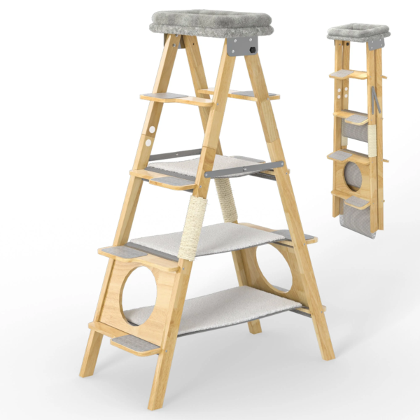 Modern Solid Wood Cat Tree Foldable Ladder Design with Cat Hammock & Sisal Scratch Post Easy Clean 60"H - Image 8