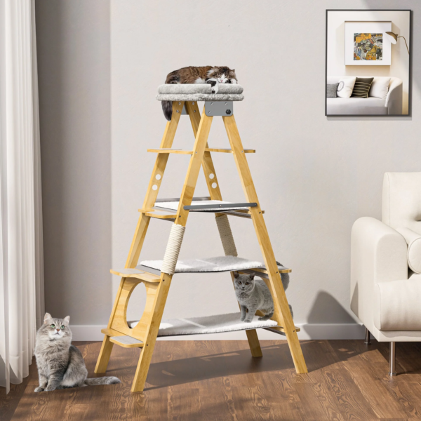 Modern Solid Wood Cat Tree Foldable Ladder Design with Cat Hammock & Sisal Scratch Post Easy Clean 60"H - Image 2