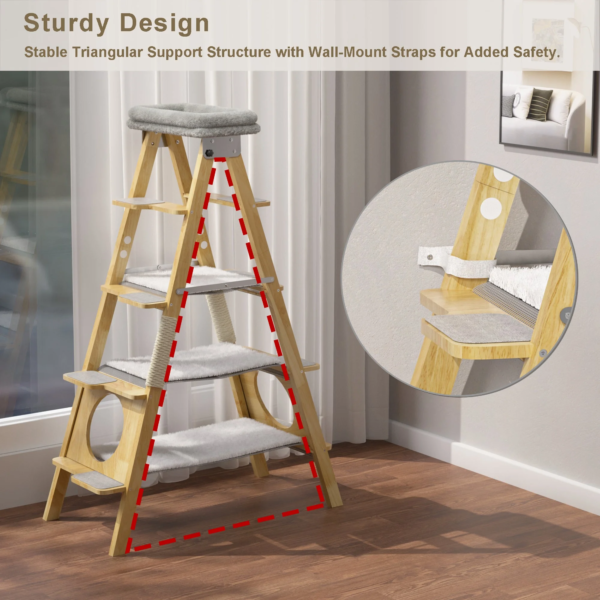 Modern Solid Wood Cat Tree Foldable Ladder Design with Cat Hammock & Sisal Scratch Post Easy Clean 60"H - Image 3