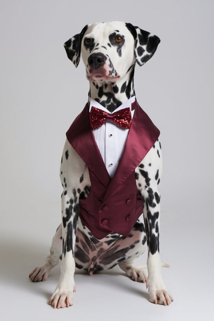 A Dalmatian standing on white in a rich burgundy tuxedo vest with button details and sparkly bow tie, perfect as a pet party outfit and formal pet attire.