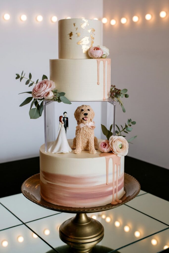 A statement cake featuring pale pink watercolor tiers, royal icing lace, and a realistic sugar pet figurine alongside miniature bride and groom figures for unique pet wedding cake styling