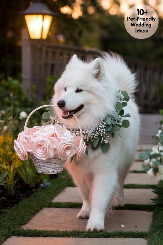 A fluffy white Samoyed dropping blush-pink silk rose petals from a wicker basket while sporting a baby’s-breath floral collar at a pet-friendly wedding.