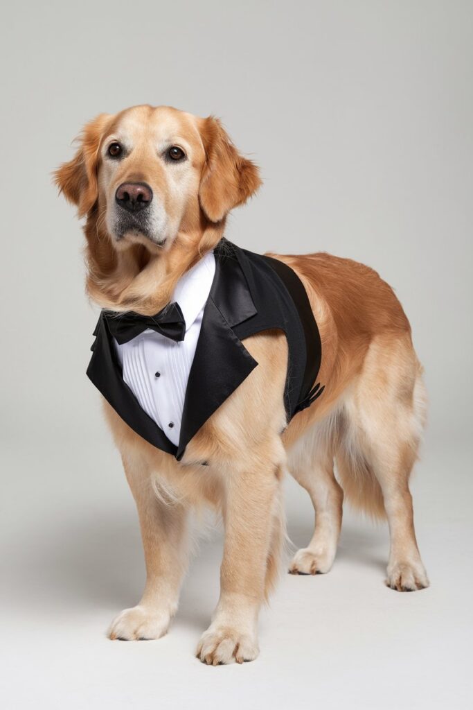 A friendly golden retriever standing on a white background in a snug black tuxedo jacket with a crisp white shirt front and matching black bow tie