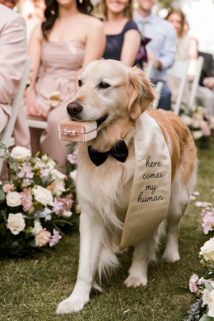 A golden retriever in a pale ivory sash and black bow-tie collar carrying a velvet ring box down a pet-friendly wedding aisle.