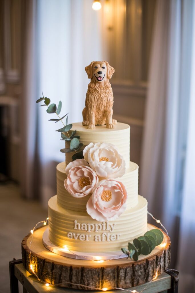 A dramatic four-tier wedding cake on a mirrored stand, adorned with edible gold leaf and a hand-painted pet topper