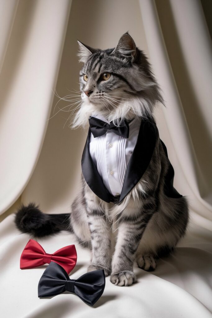 A gray tabby cat seated next to extra red and black bow ties on a white backdrop, highlighting pet accessories and DIY pet tuxedo ideas.