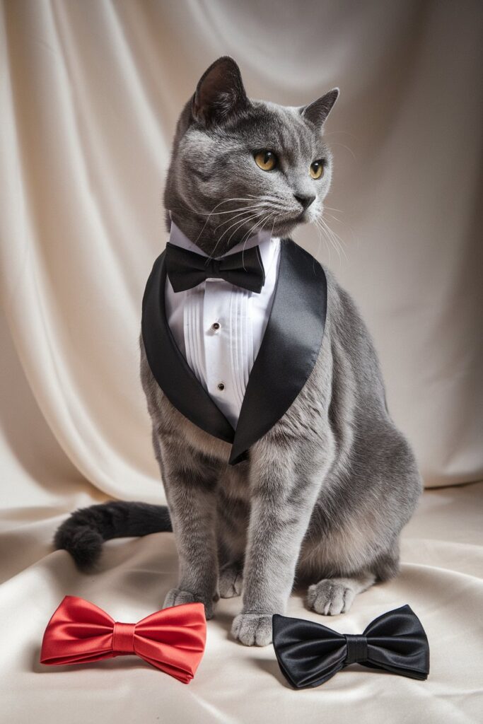 A cat in a slim-fit black tuxedo jacket with crisp white front on a clean white background, ideal for a pet party outfit and wedding with pets